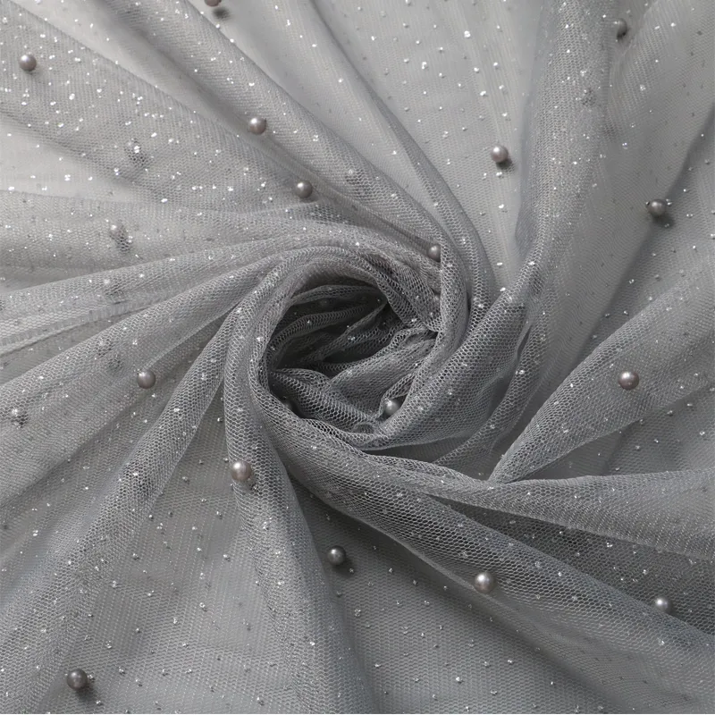 100% Polyester Shiny Glitter Beaded Mesh Tulle Fabric With Scattered Pearls For Dresses