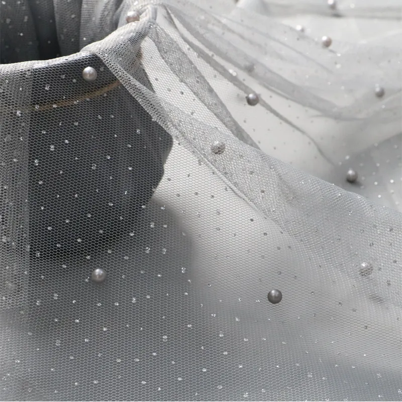 100% Polyester Shiny Glitter Beaded Mesh Tulle Fabric With Scattered Pearls For Dresses