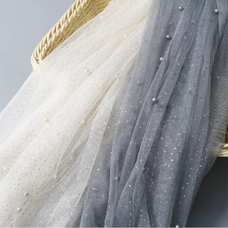 100% Polyester Shiny Glitter Beaded Mesh Tulle Fabric With Scattered Pearls For Dresses