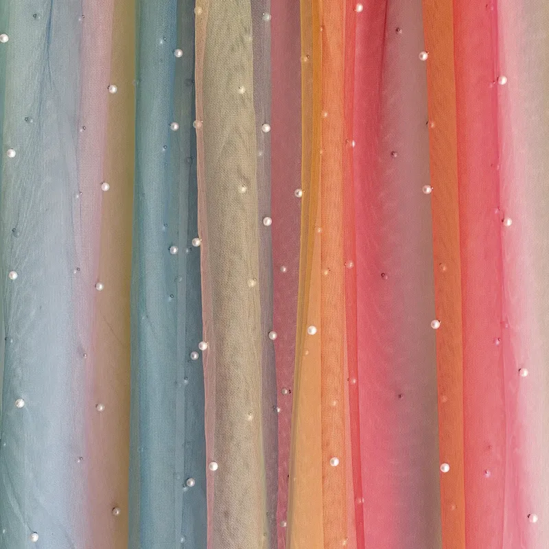Polyester Soft Gradient Rainbow Tulle Fabric with Pearls