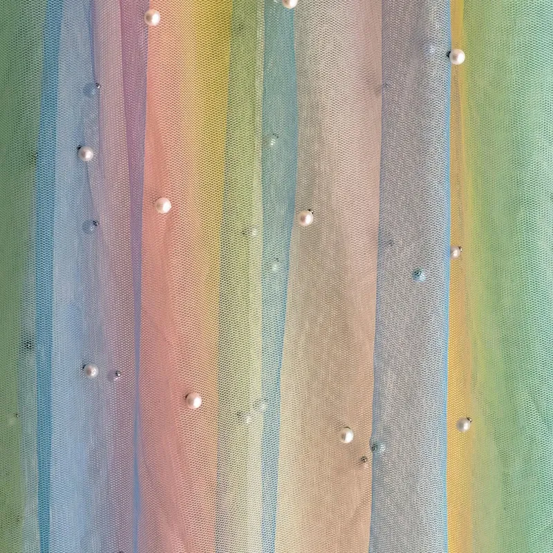 Polyester Soft Gradient Rainbow Tulle Fabric with Pearls