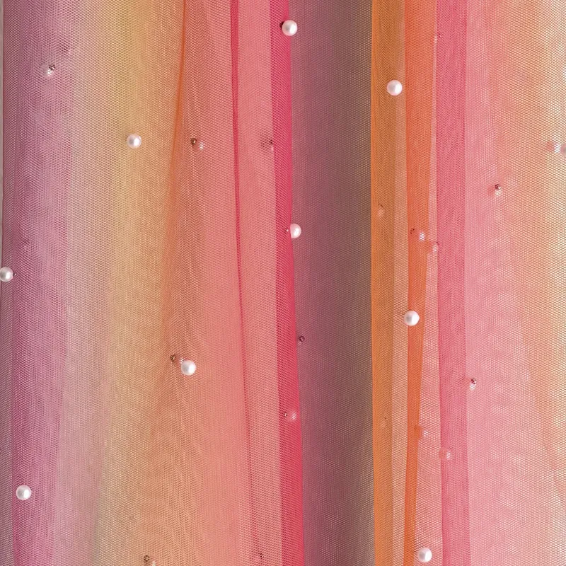 Polyester Soft Gradient Rainbow Tulle Fabric with Pearls
