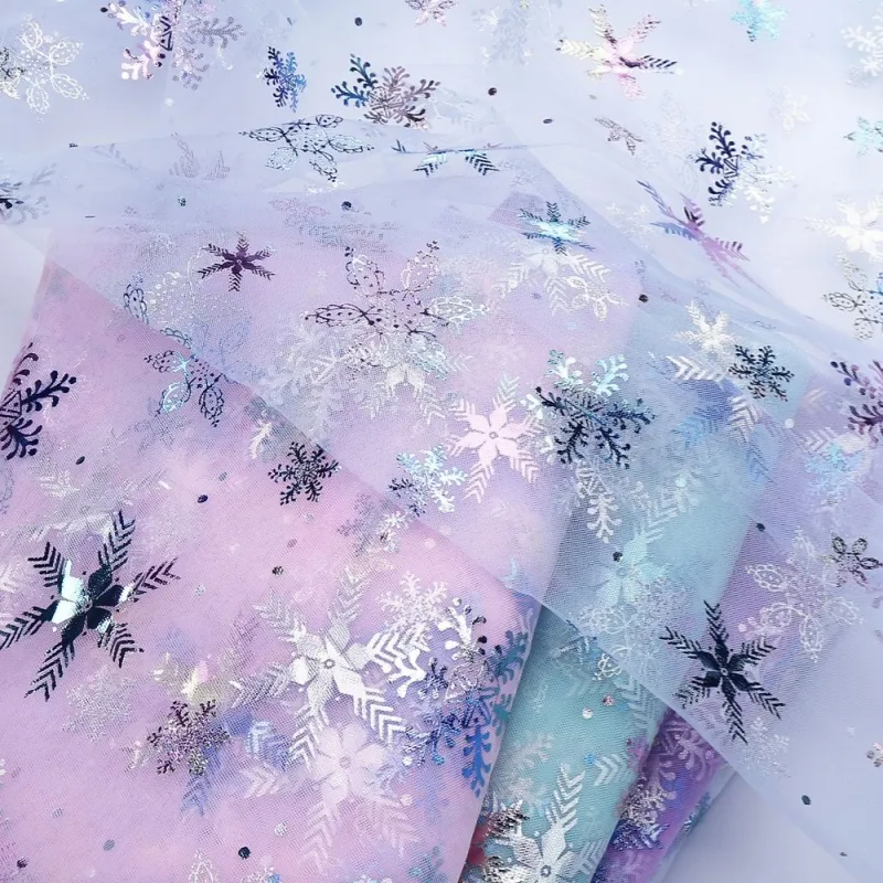 100% Polyester Swissnet Iridescent Foil Snowflake Tulle Fabric