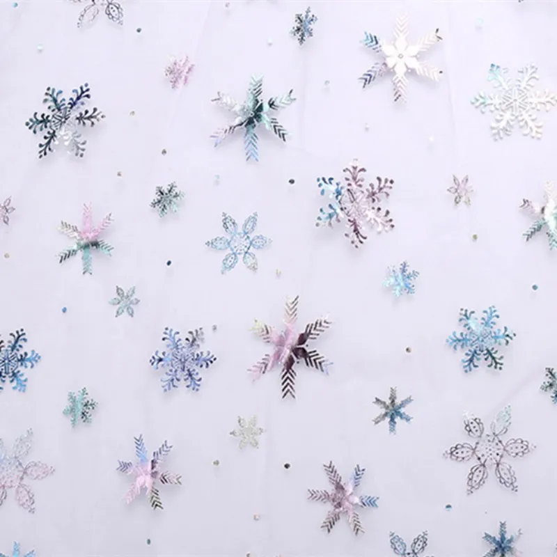 100% Polyester Swissnet Iridescent Foil Snowflake Tulle Fabric