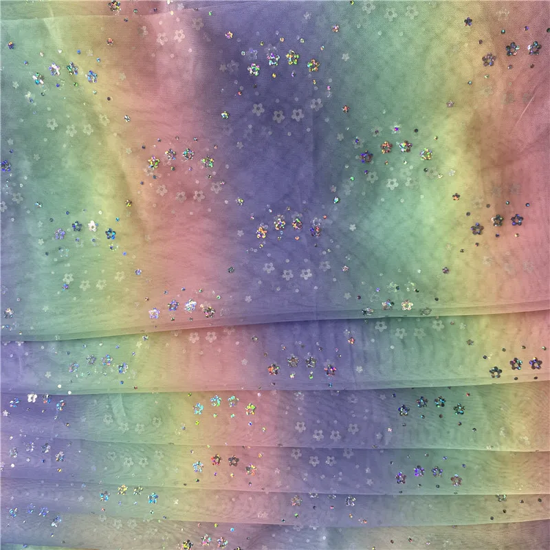 100% Polyester Rainbow Tricot Tulle Fabric with Iridescent Daisy Sequins