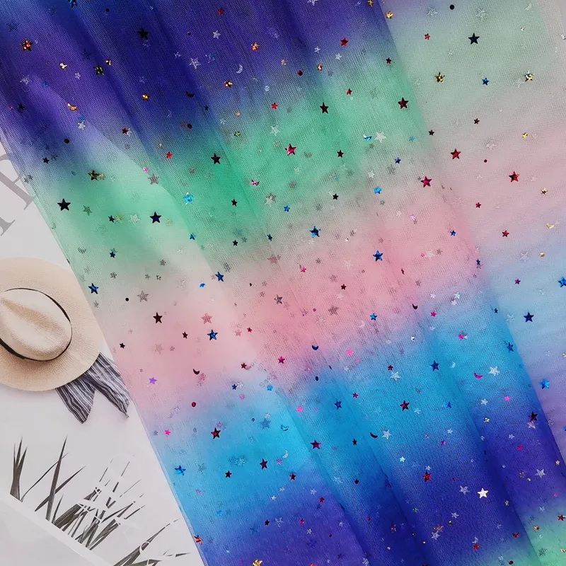 100% Polyester Rainbow Gradient Tulle Fabric with Shine Star And Moon Sequins