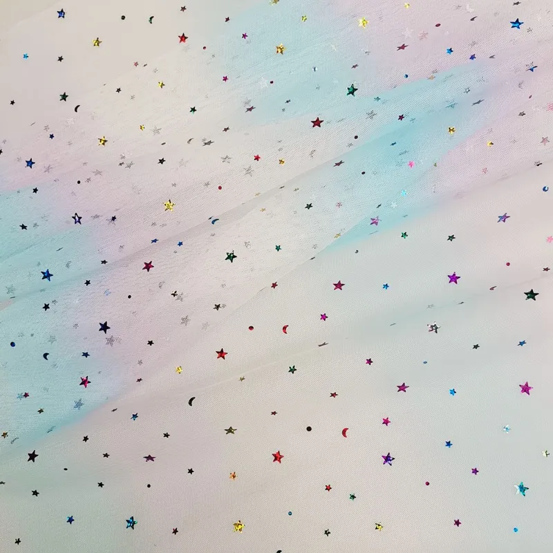100% Polyester Rainbow Gradient Tulle Fabric with Shine Star And Moon Sequins