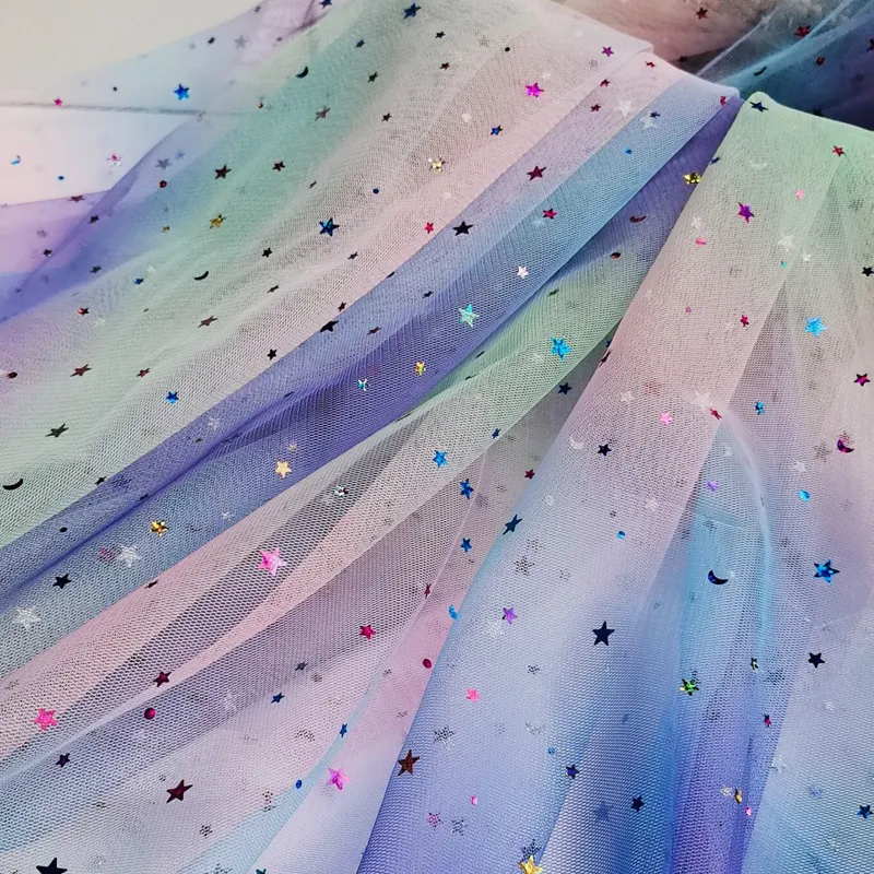 100% Polyester Rainbow Gradient Tulle Fabric with Shine Star And Moon Sequins