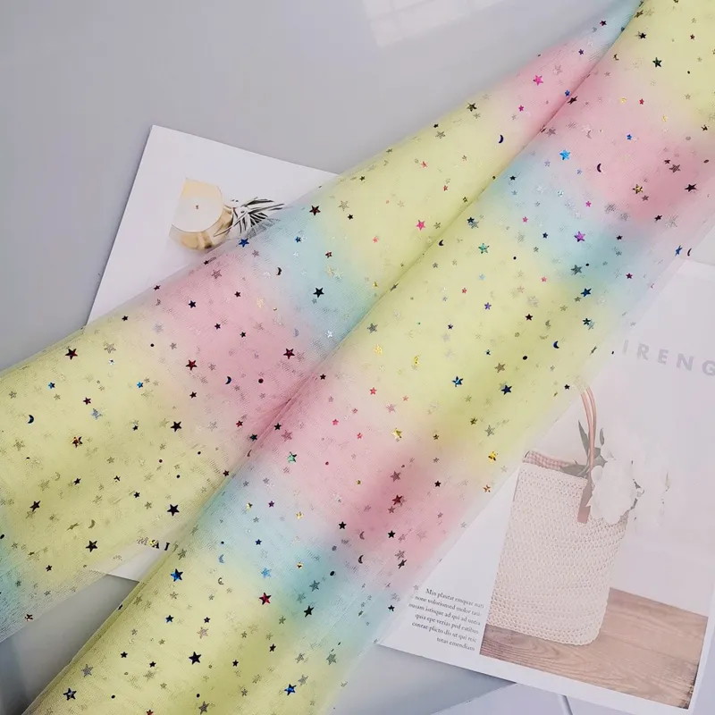 100% Polyester Rainbow Gradient Tulle Fabric with Shine Star And Moon Sequins