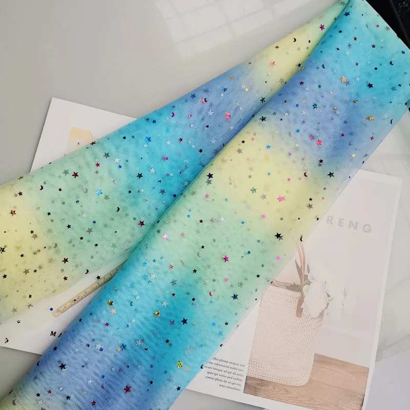 100% Polyester Rainbow Gradient Tulle Fabric with Shine Star And Moon Sequins