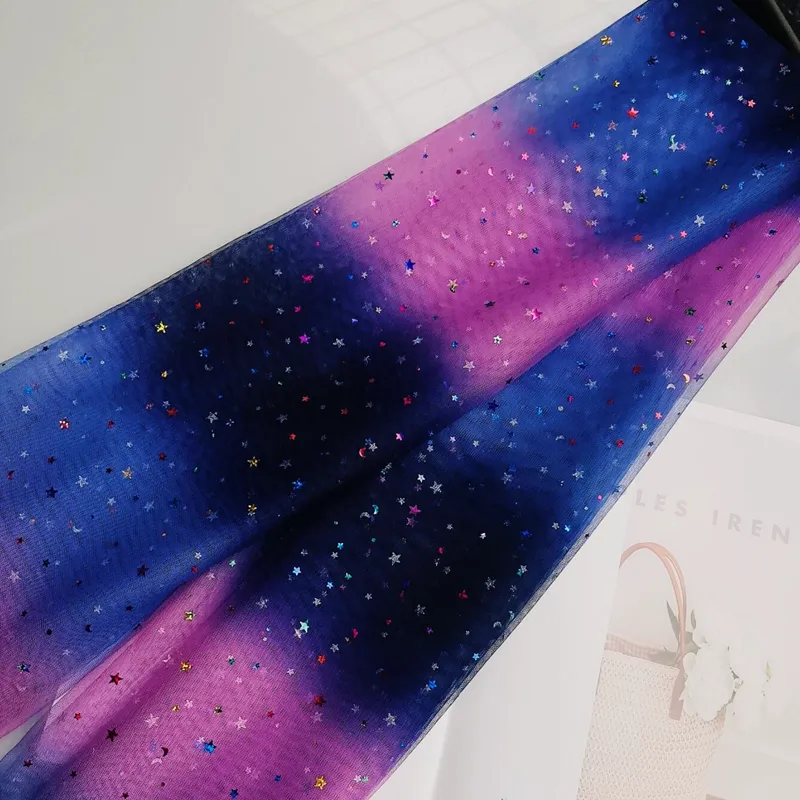 100% Polyester Rainbow Gradient Tulle Fabric with Shine Star And Moon Sequins