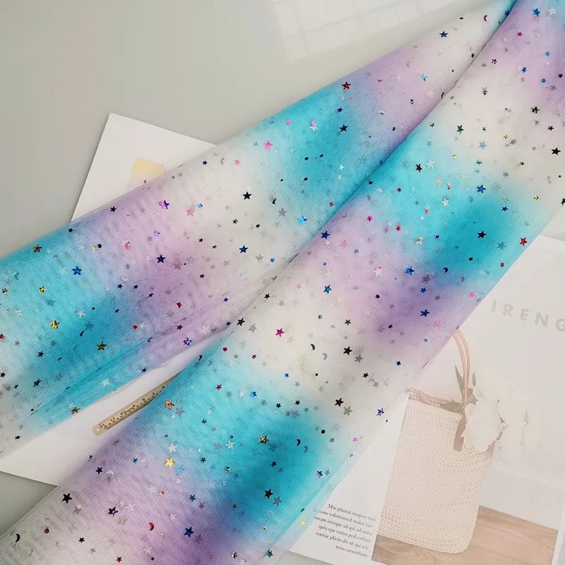 100% Polyester Rainbow Gradient Tulle Fabric with Shine Star And Moon Sequins