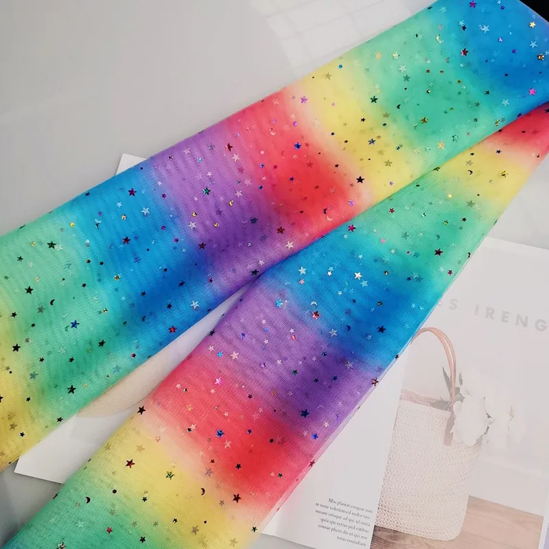 100% Polyester Rainbow Gradient Tulle Fabric with Shine Star And Moon Sequins