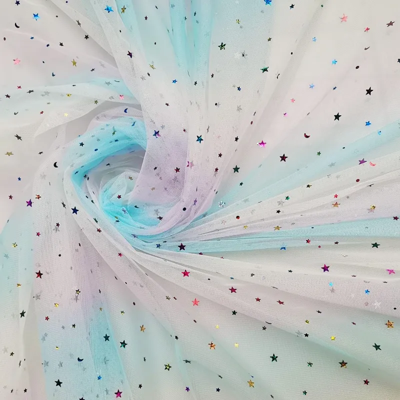 100% Polyester Rainbow Gradient Tulle Fabric with Shine Star And Moon Sequins