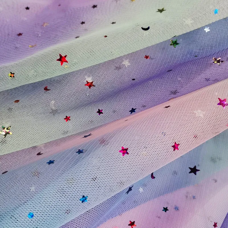100% Polyester Rainbow Gradient Tulle Fabric with Shine Star And Moon Sequins