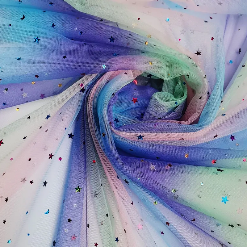 100% Polyester Rainbow Gradient Tulle Fabric with Shine Star And Moon Sequins