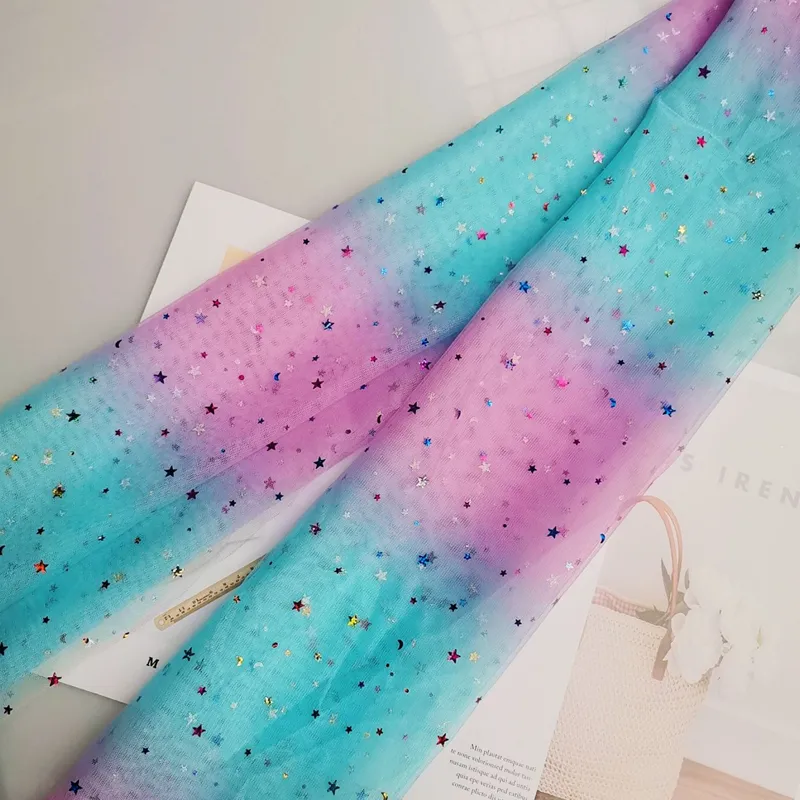 100% Polyester Rainbow Gradient Tulle Fabric with Shine Star And Moon Sequins