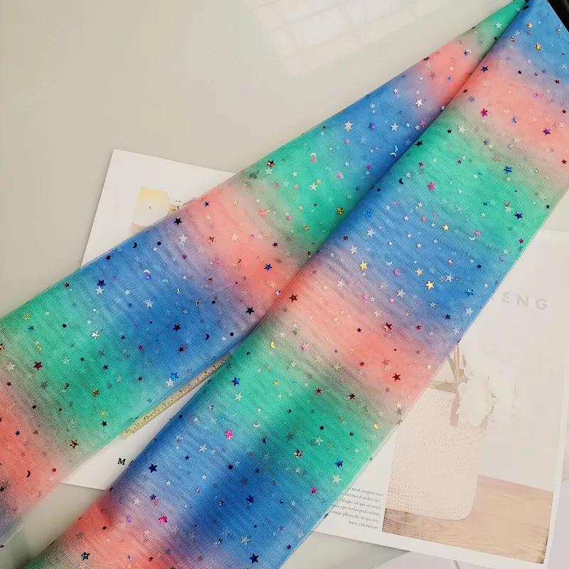 100% Polyester Rainbow Gradient Tulle Fabric with Shine Star And Moon Sequins