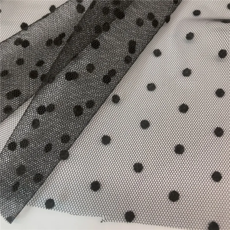 100% Polyester Polka Dots Flocked Dot Hexagon Tulle Fabric