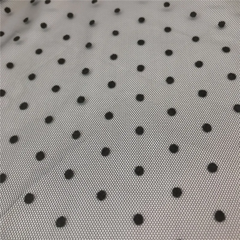 100% Polyester Polka Dots Flocked Dot Hexagon Tulle Fabric