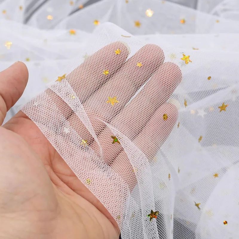 100% Polyester Soft Sequins Stars And Moons Hexagon Mesh Tulle Fabric