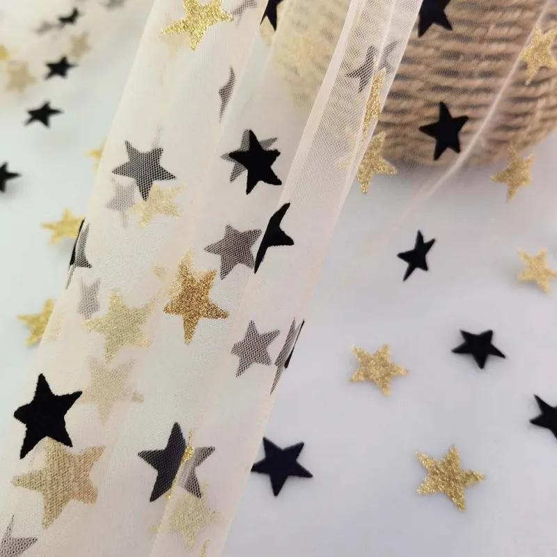 100% Polyester Black Flocked Stars and Gold Glitter Stars Tulle Fabric