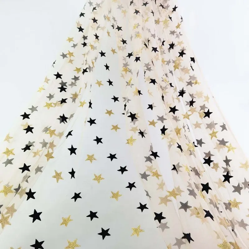 100% Polyester Black Flocked Stars and Gold Glitter Stars Tulle Fabric