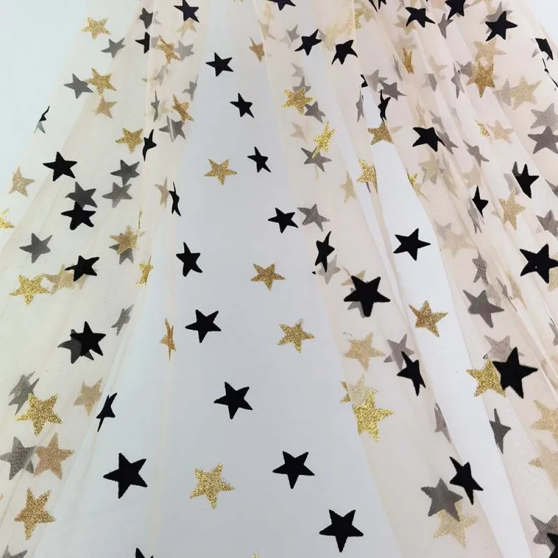 100% Polyester Black Flocked Stars and Gold Glitter Stars Tulle Fabric
