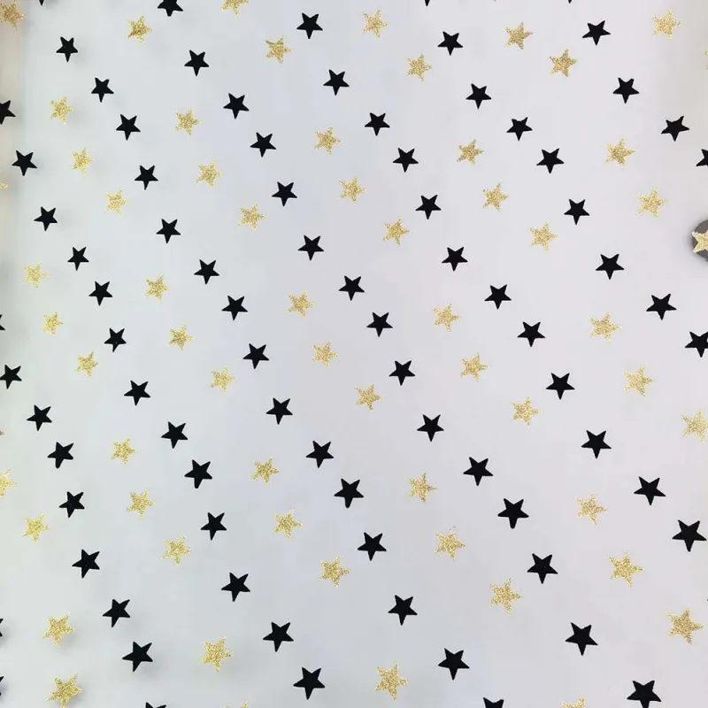 100% Polyester Black Flocked Stars and Gold Glitter Stars Tulle Fabric