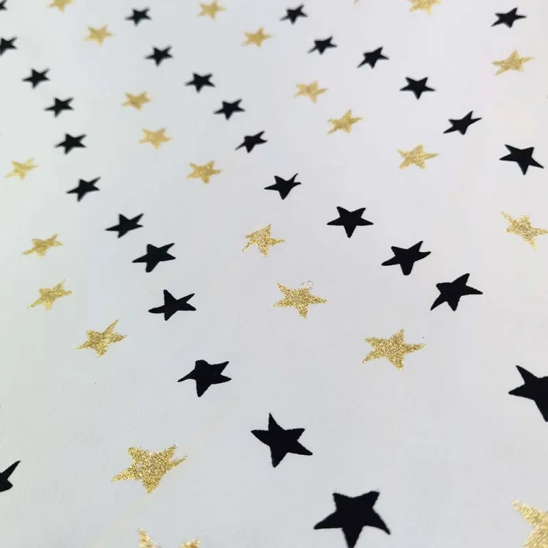 100% Polyester Black Flocked Stars and Gold Glitter Stars Tulle Fabric