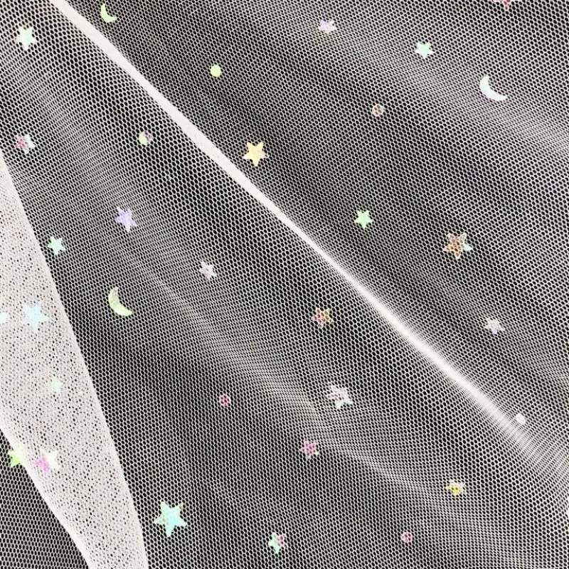 100% Polyester Holographic Iridescent Star And Moon Sequin Glimmer Mesh Tulle Fabric