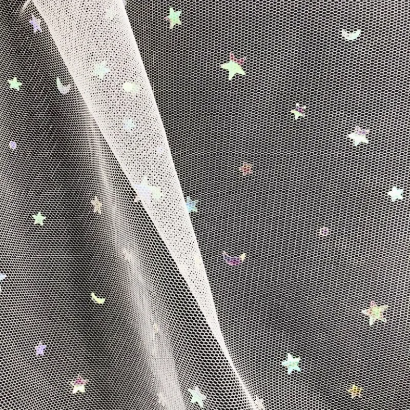 100% Polyester Holographic Iridescent Star And Moon Sequin Glimmer Mesh Tulle Fabric