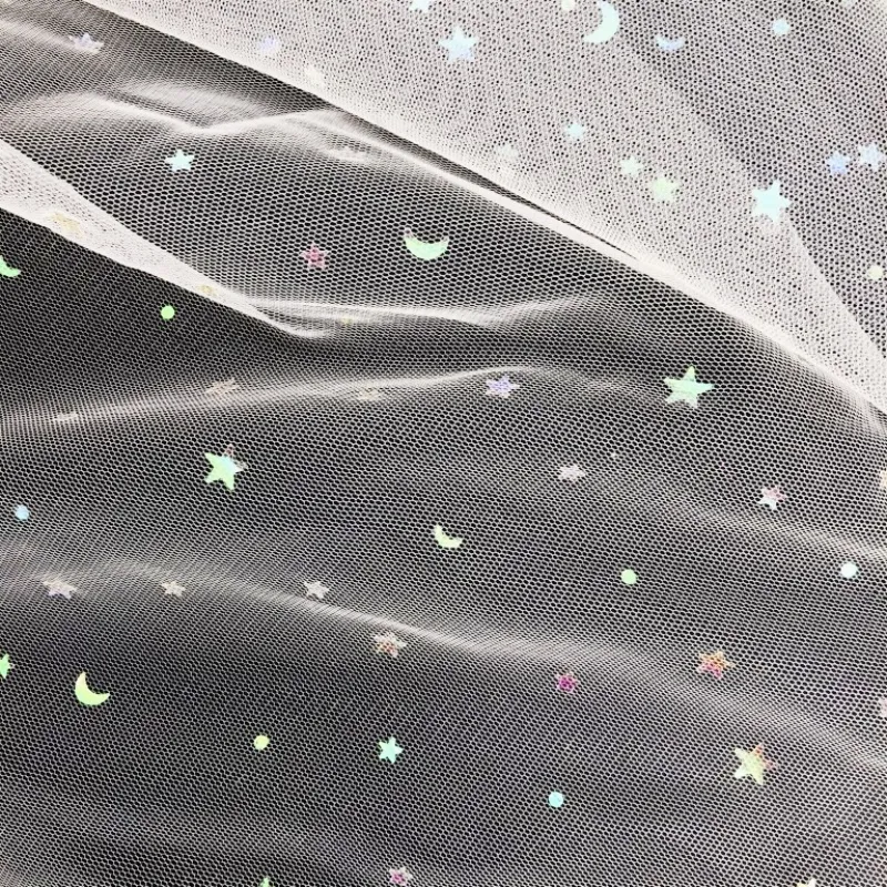 100% Polyester Holographic Iridescent Star And Moon Sequin Glimmer Mesh Tulle Fabric