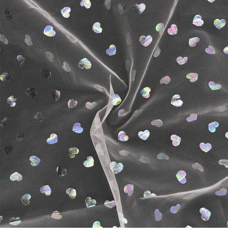 Soft Micro Tulle Fabric with Iridescent Foil Hearts Design