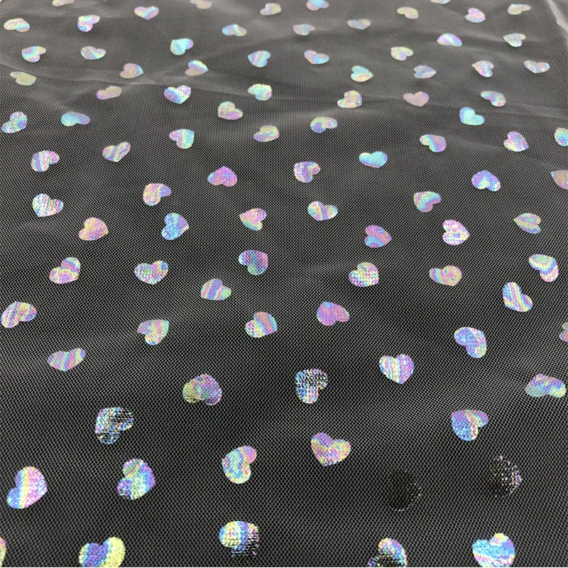 Soft Micro Tulle Fabric with Iridescent Foil Hearts Design