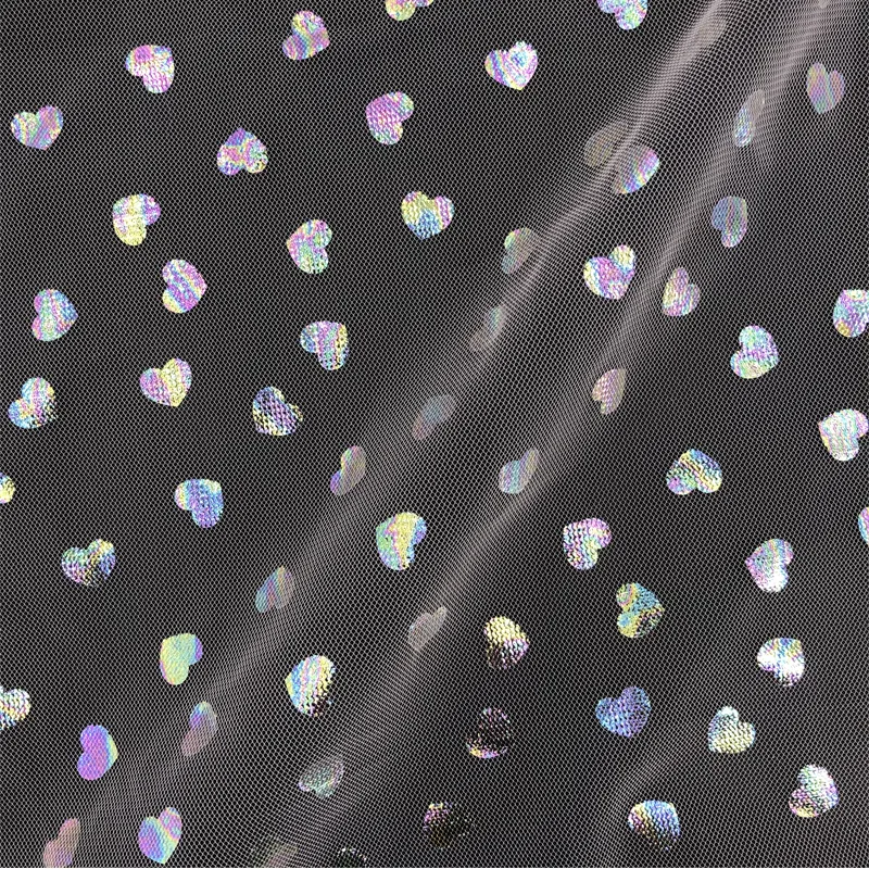 Soft Micro Tulle Fabric with Iridescent Foil Hearts Design