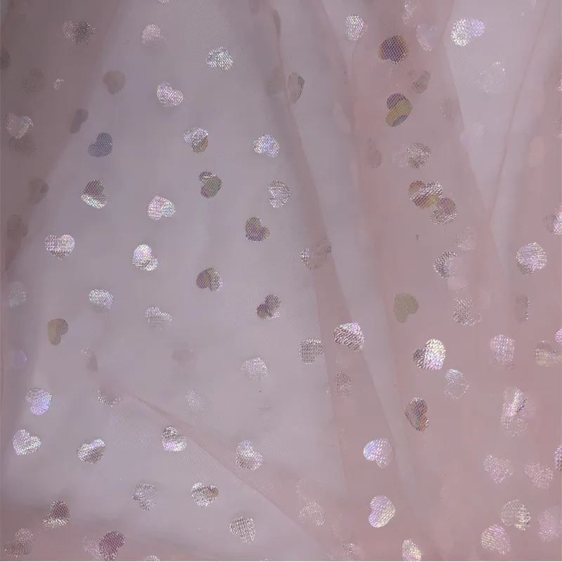 Soft Micro Tulle Fabric with Iridescent Foil Hearts Design
