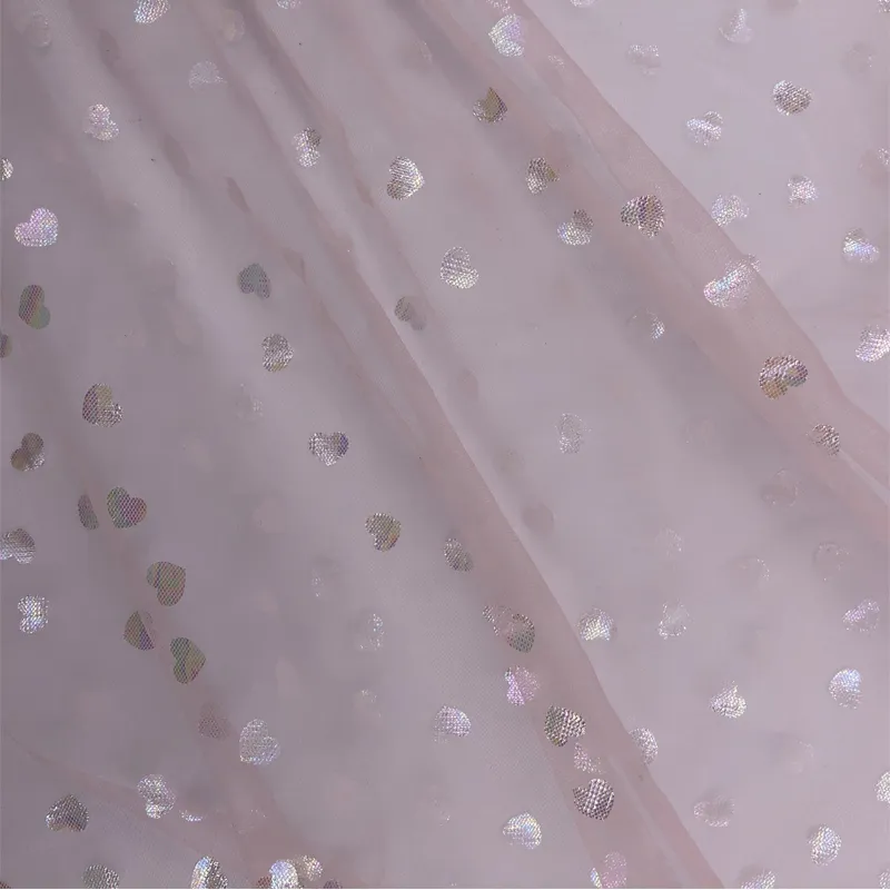 Soft Micro Tulle Fabric with Iridescent Foil Hearts Design