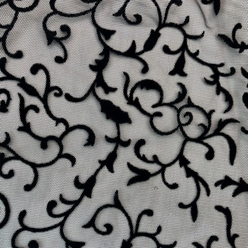 40D 100% Polyester Floral Scroll Flocking Mesh Tulle Fabric