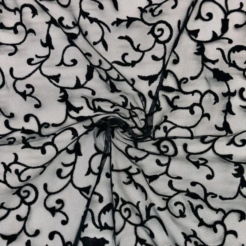 40D 100% Polyester Floral Scroll Flocking Mesh Tulle Fabric