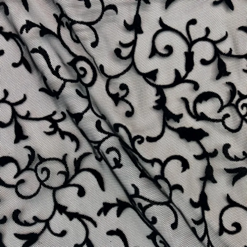 40D 100% Polyester Floral Scroll Flocking Mesh Tulle Fabric