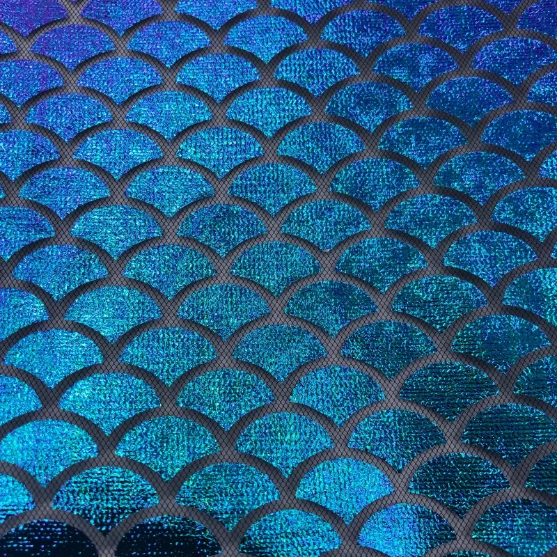 100% Polyester American Net Purple Blue Iridescent Mermaid Foil Printed Tulle Fabric